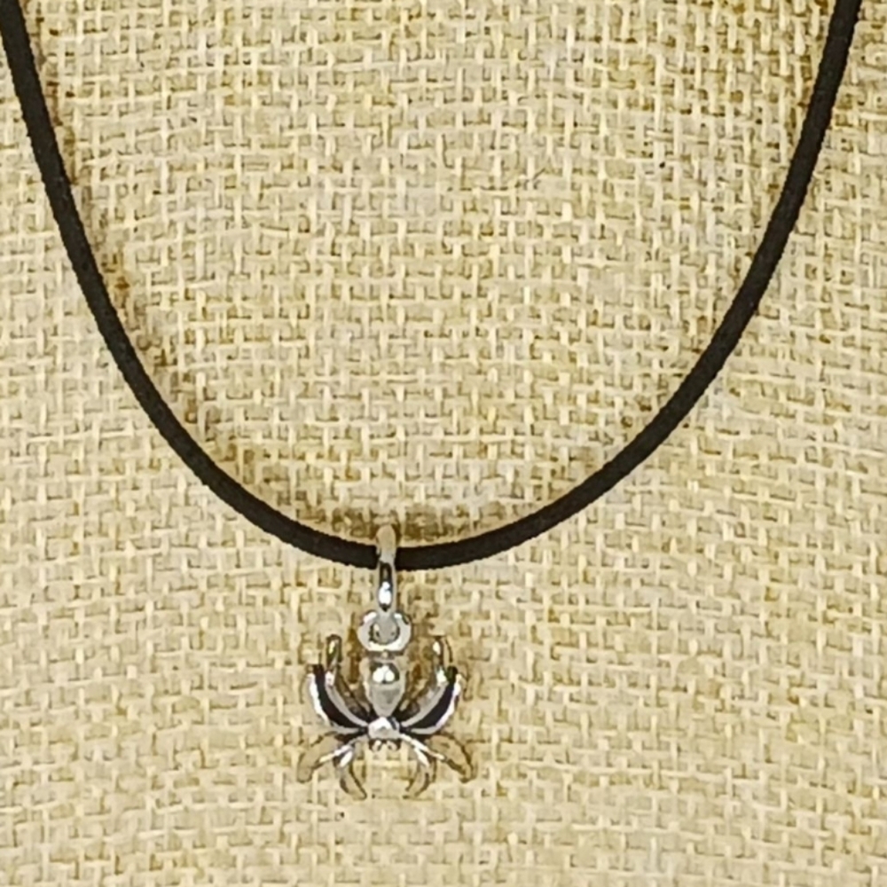 Black Cord Medallion Necklace Silver Spider Charm Bugcore Goth Witchy Whimsigoth
